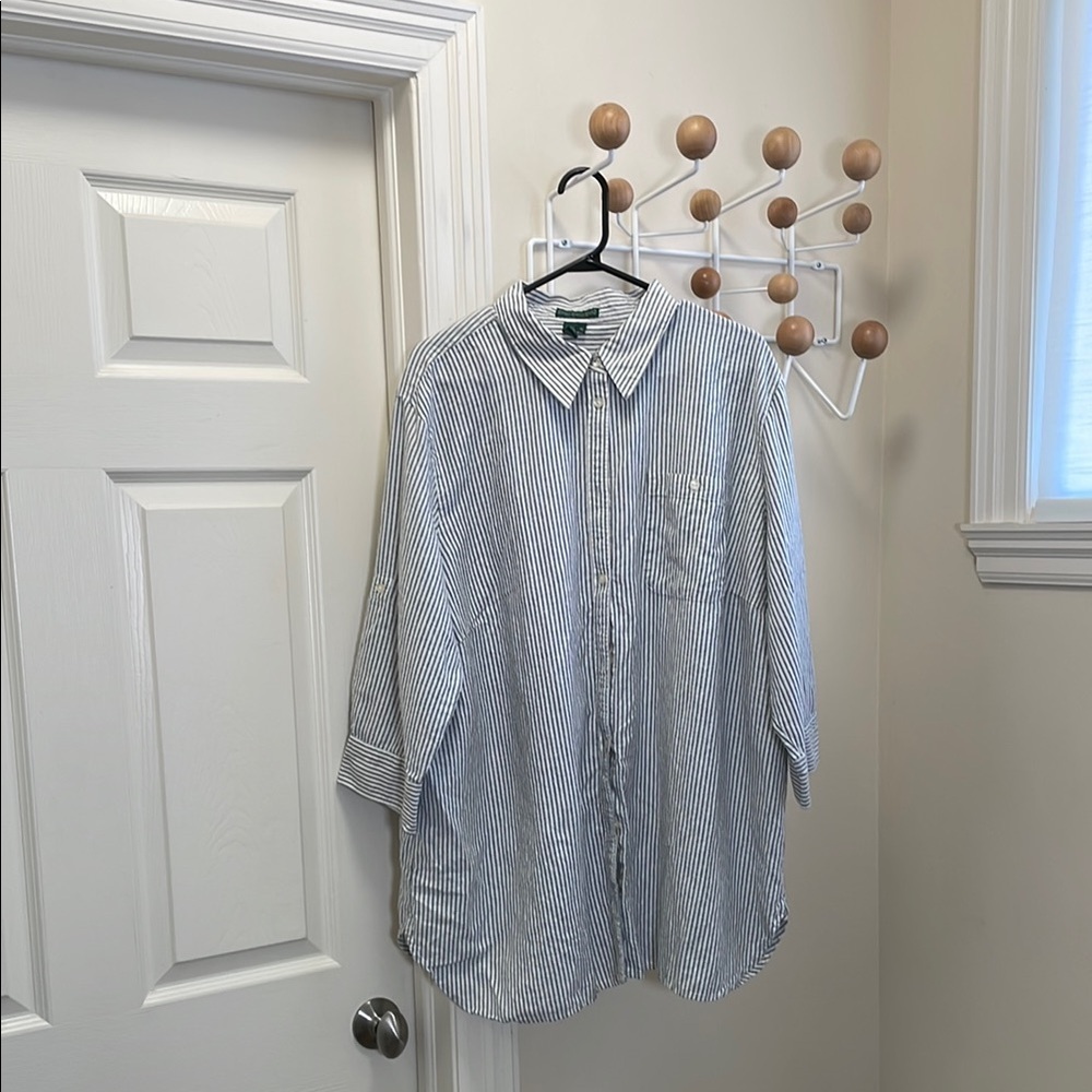 Ralph Lauren Lauren - 1/4 Sleeve Vertical Striped Button Down white grey - 3x